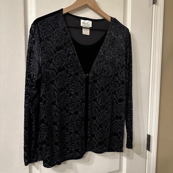 Kathie Lee | VTG 90s Black Floral Velvet Shirt Cardigan Goth Witchy Medium M - Picture 2 of 8